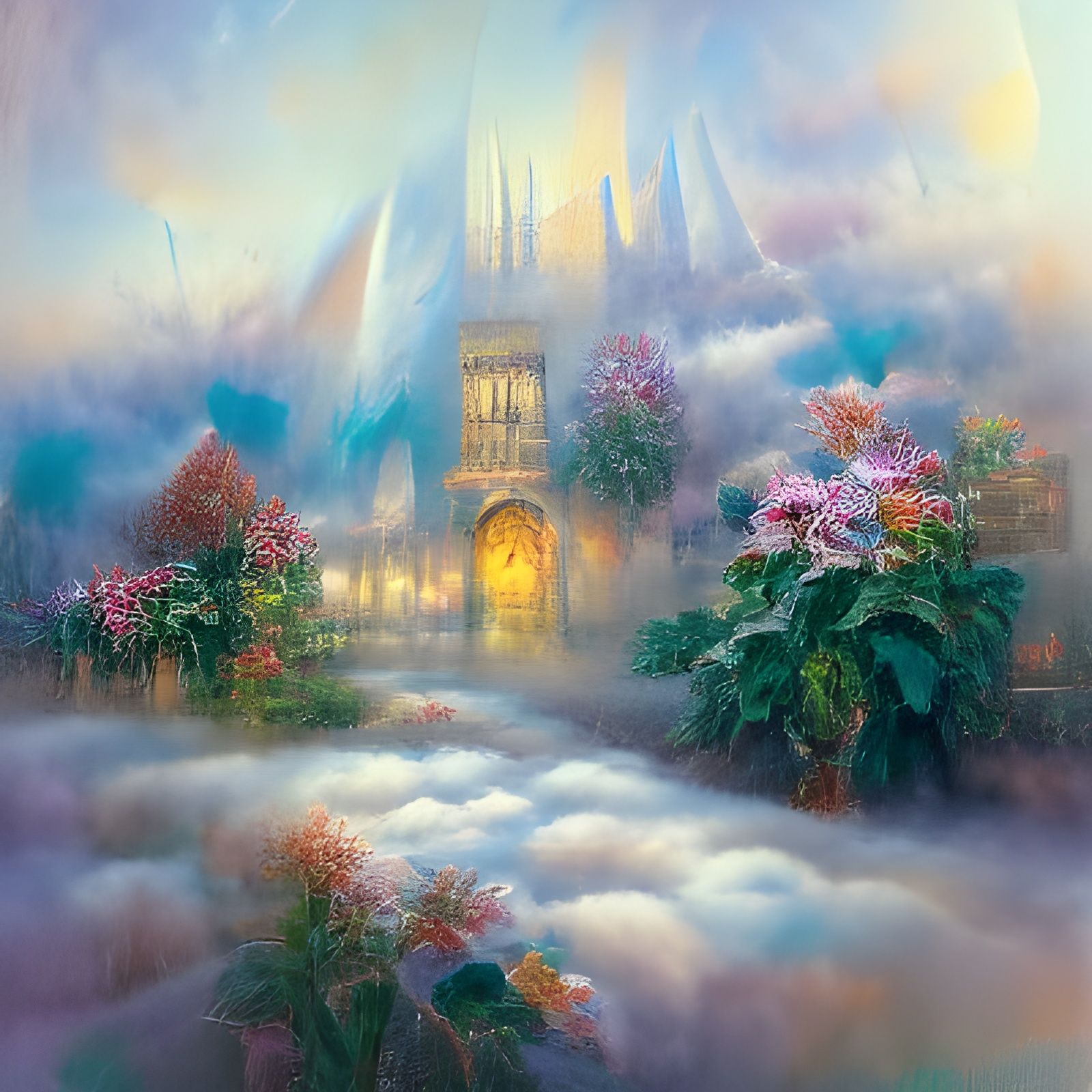 Ethereal Misty Landscape in Thomas Kinkade Style