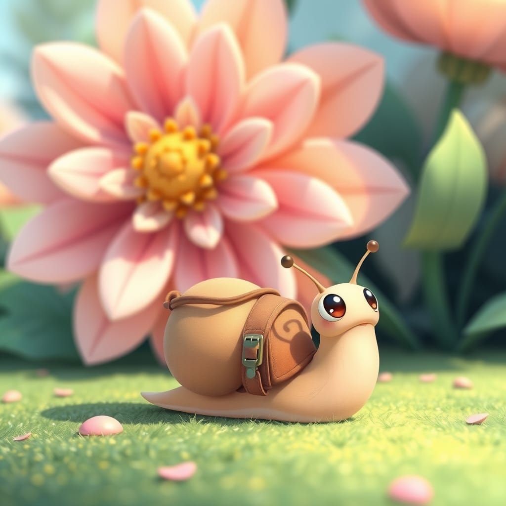 Cartoon Snail and Giant Flower in Anime Style
