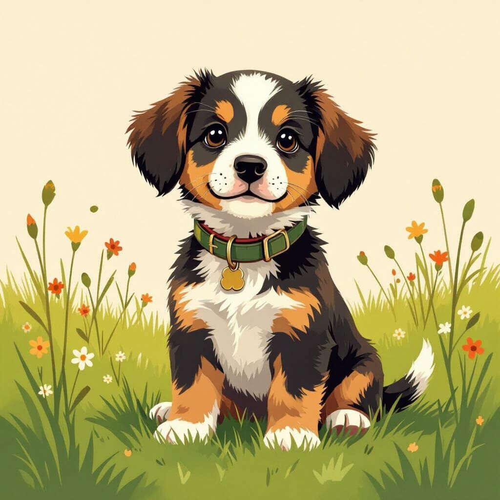 Adorable Puppy in Grassy Field, Children's Book Style