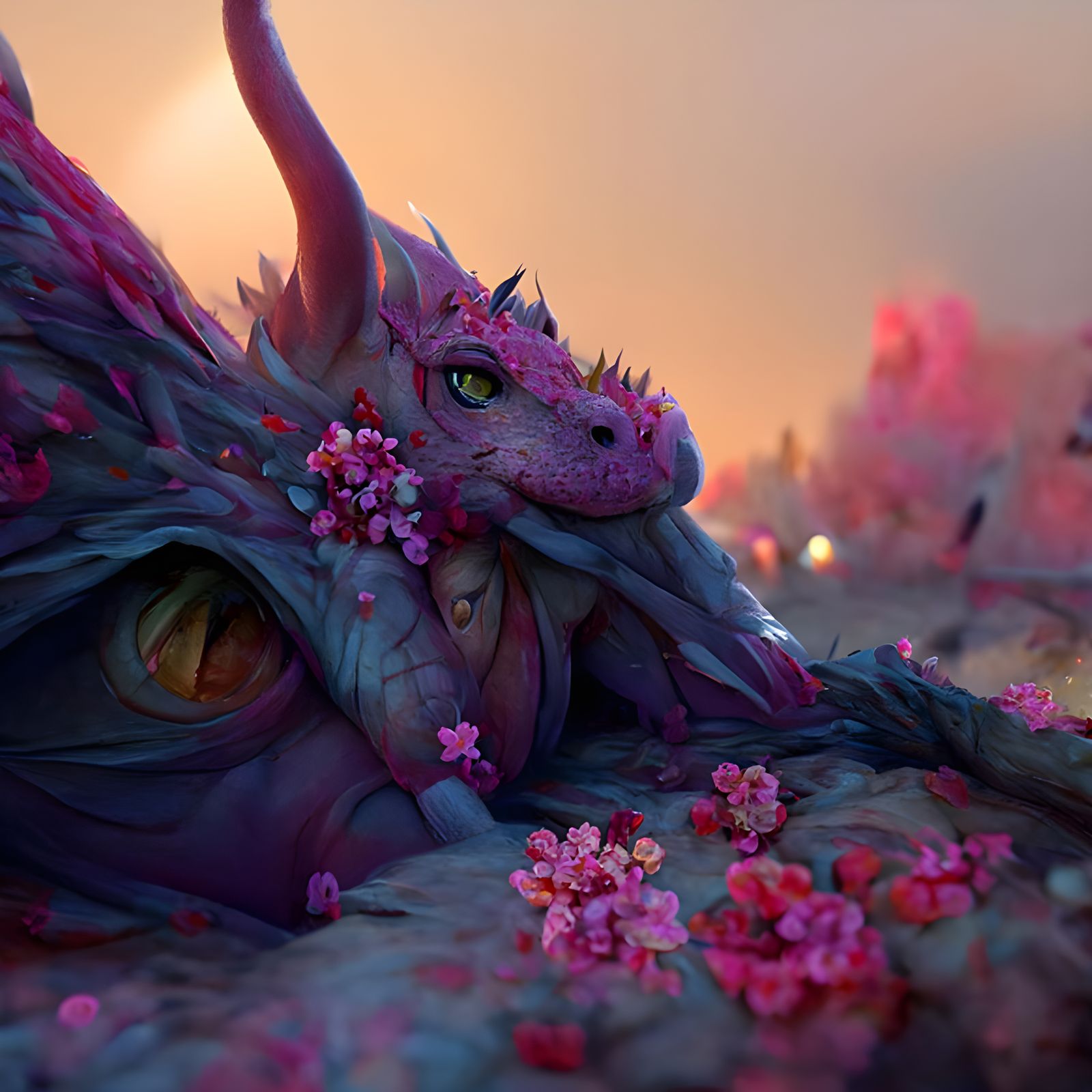Pink Dragon in Flowers Fantasy Art