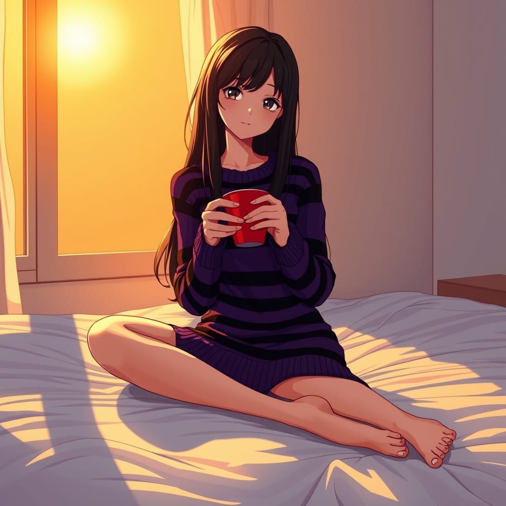 Petite Emo Woman Savoring Coffee in Morning Light