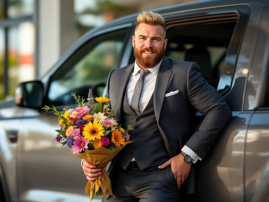 Charming Dad in Suit with Flowers