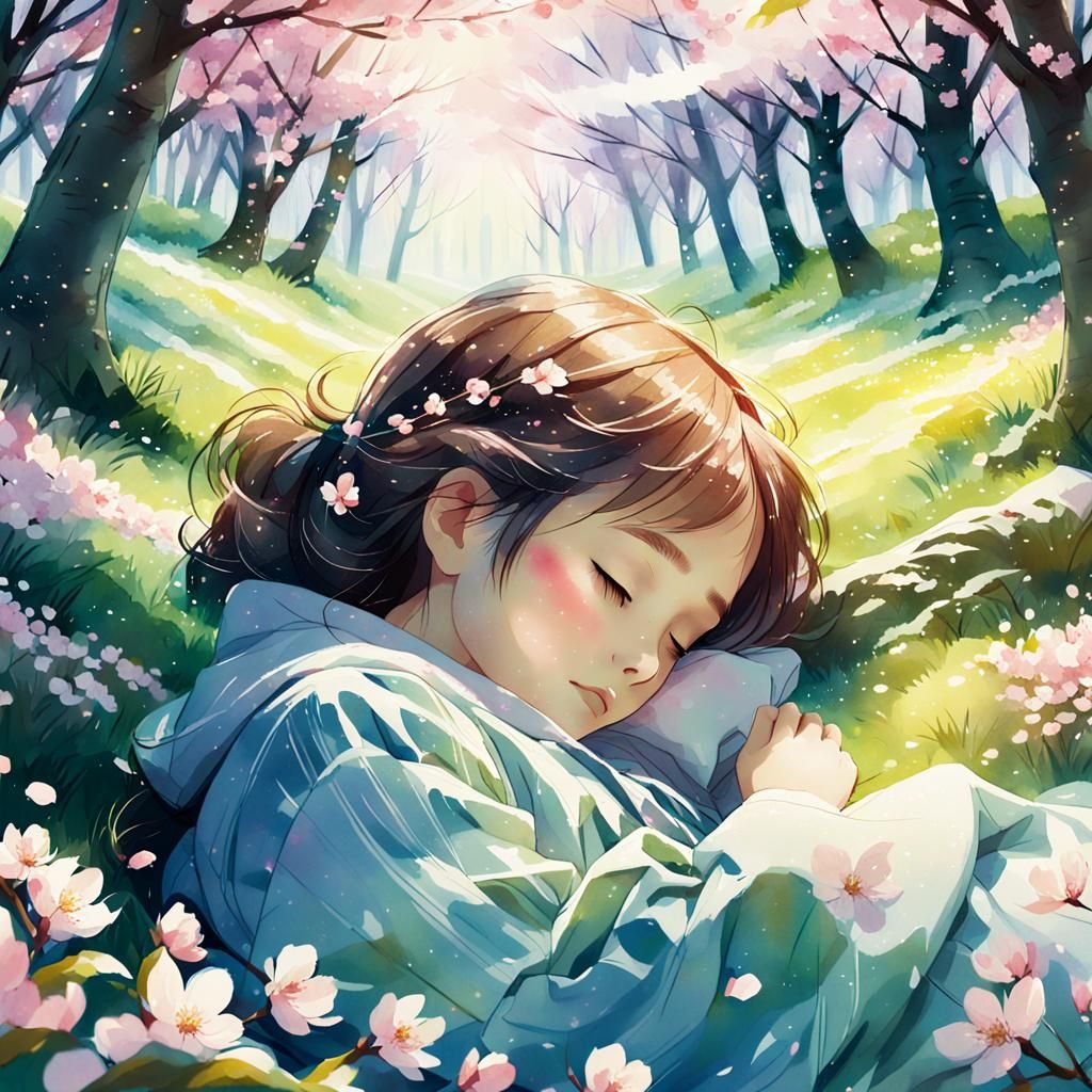 Girl Sleeping in Cherry Blossom Glade: Watercolor Art