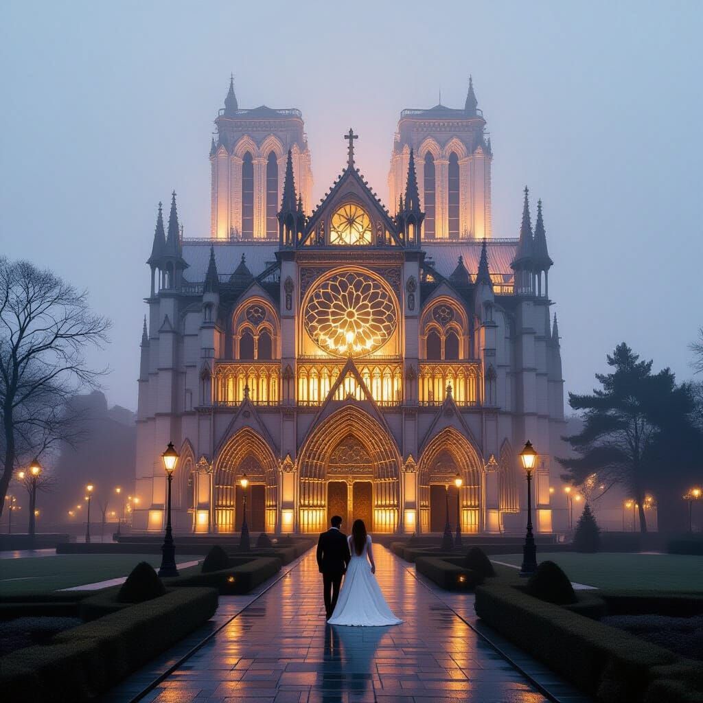Glass Gothic Cathedral Glowing in Fog