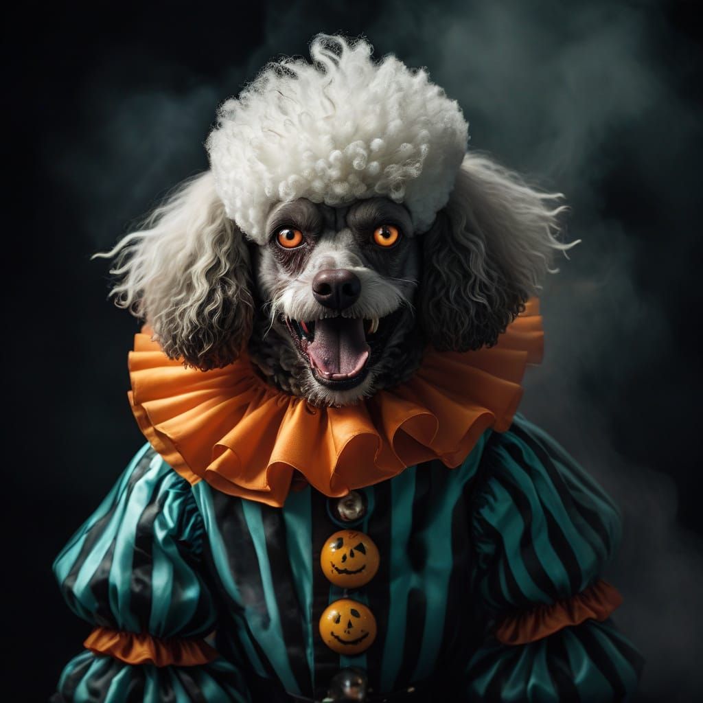 Evil Clown Poodle with Glowing Eyes and Fangs