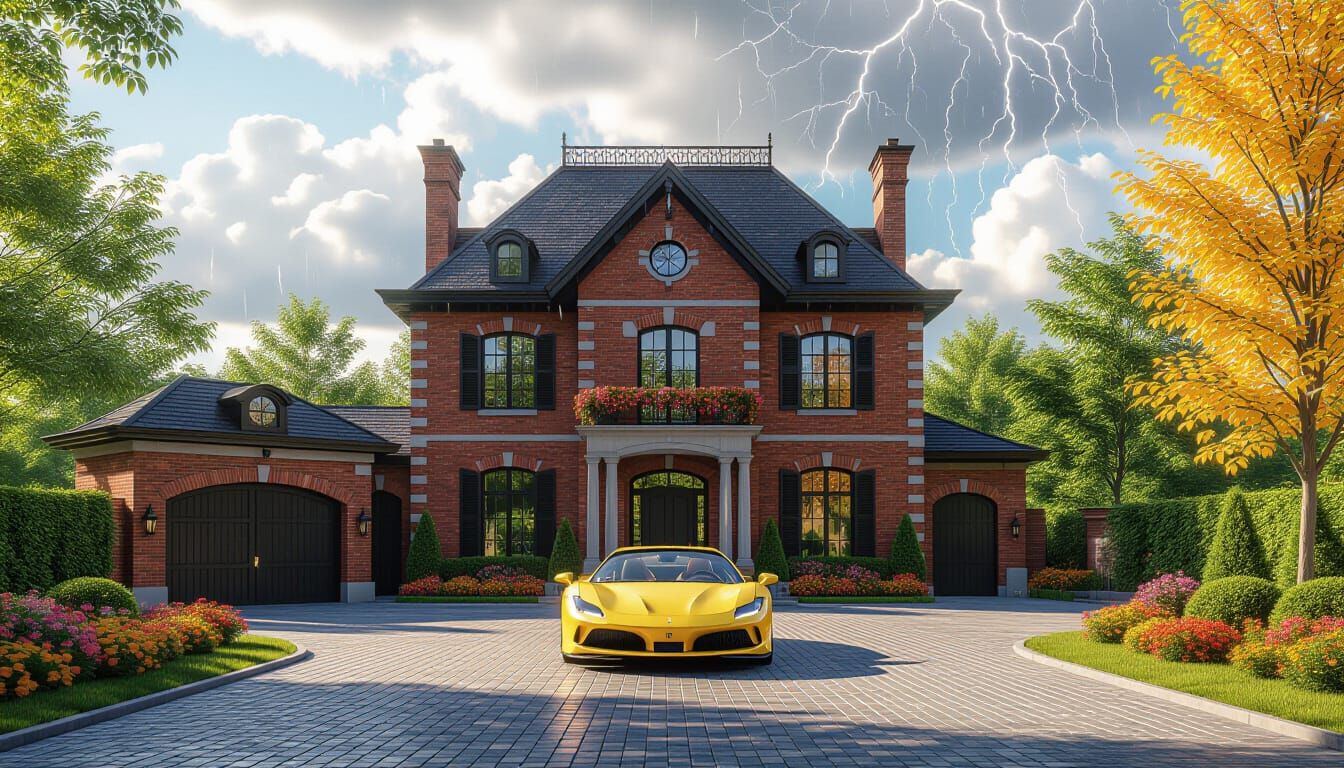 Victorian Chateau With Ferrari and Dramatic Sky