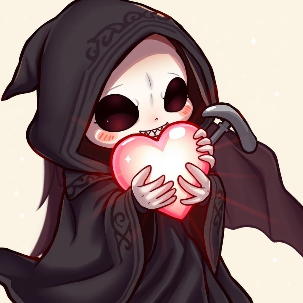 Chibi Grim Reaper Hugging Heart in Sanrio Style