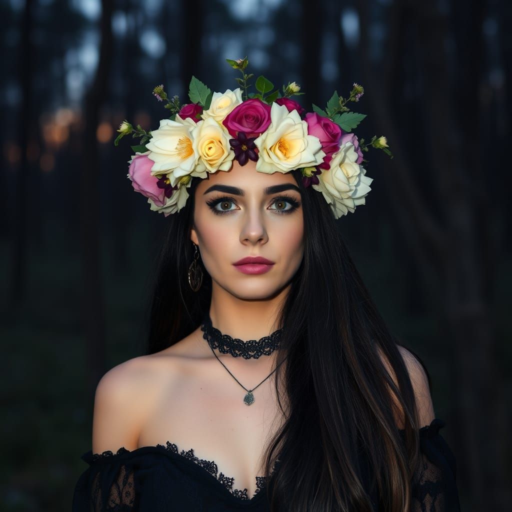 Gothic Woman in Wiccan Floral Crown at Dusk
