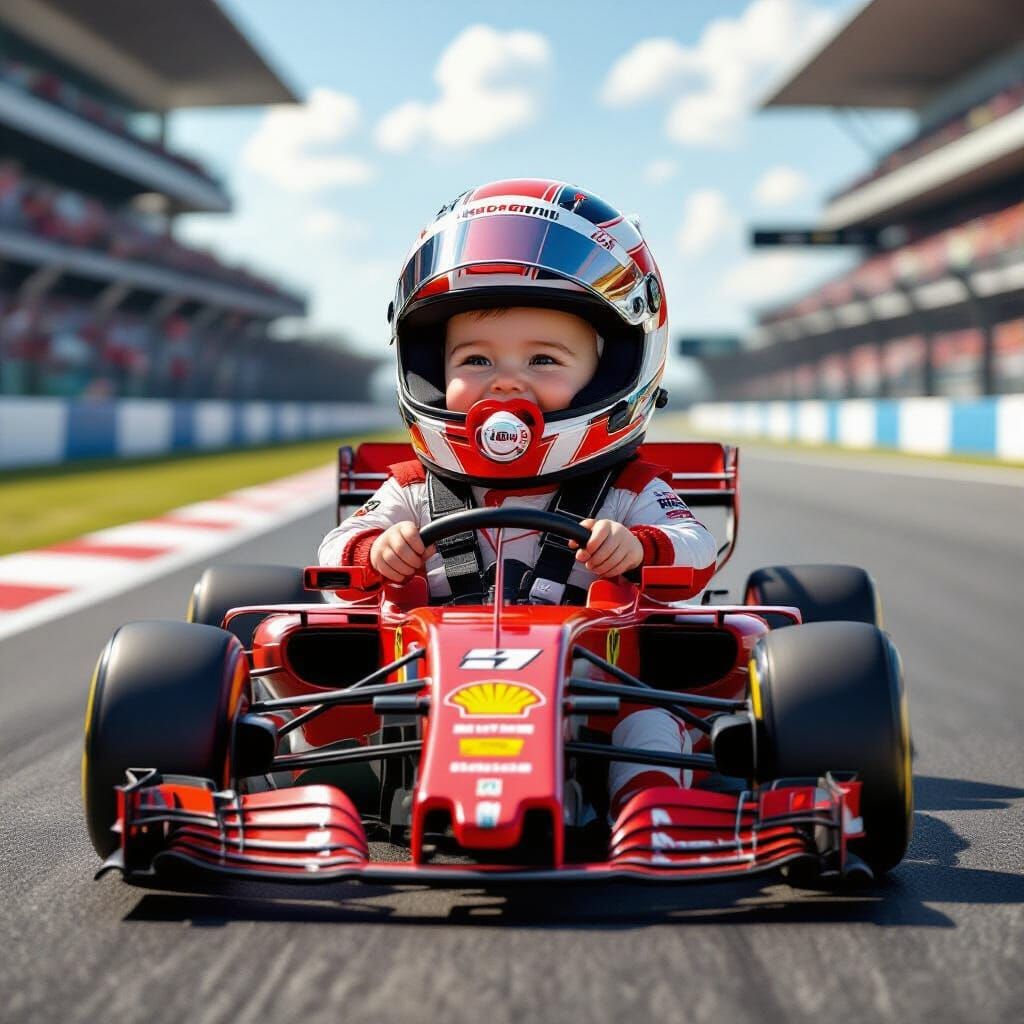 Baby Racer in Formula 1 Car, Chewing Pacifier