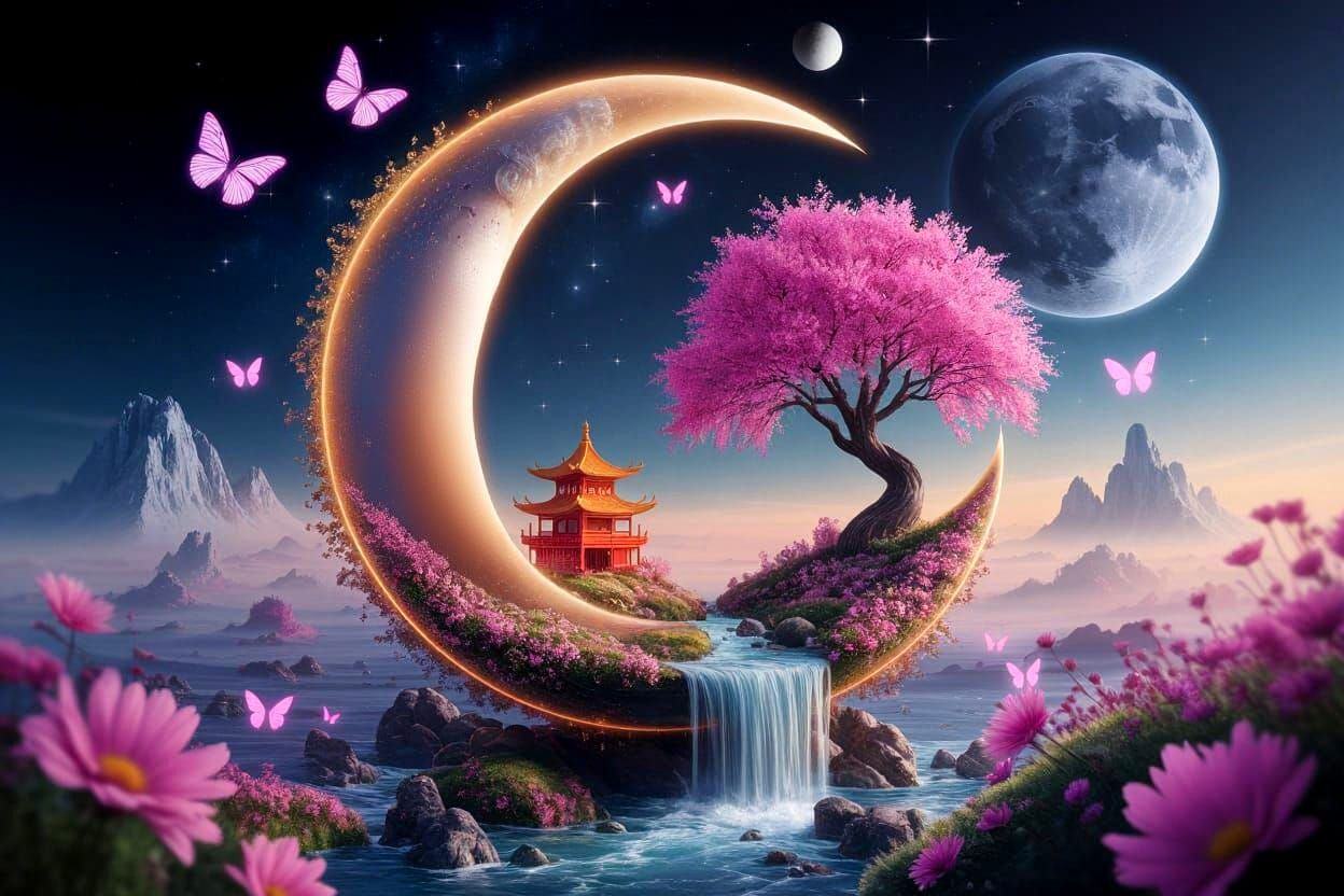 Glowing Crescent Moon Holding a Chinese Village in Space