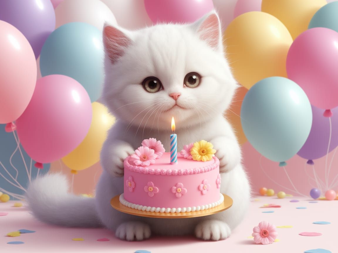 Whimsical White Kitten Celebrates Birthday in Pastel Paradis...