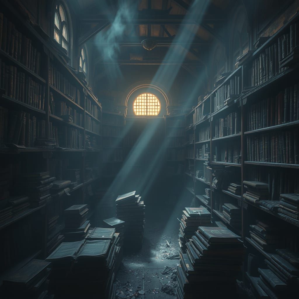 Forgotten Library of Ancient Tomes in Eerie, Mystical Atmosp...