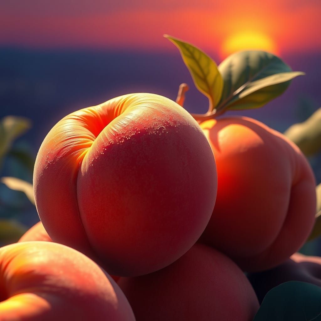 Surreal Peaches in Dreamlike Landscape with Golden Light