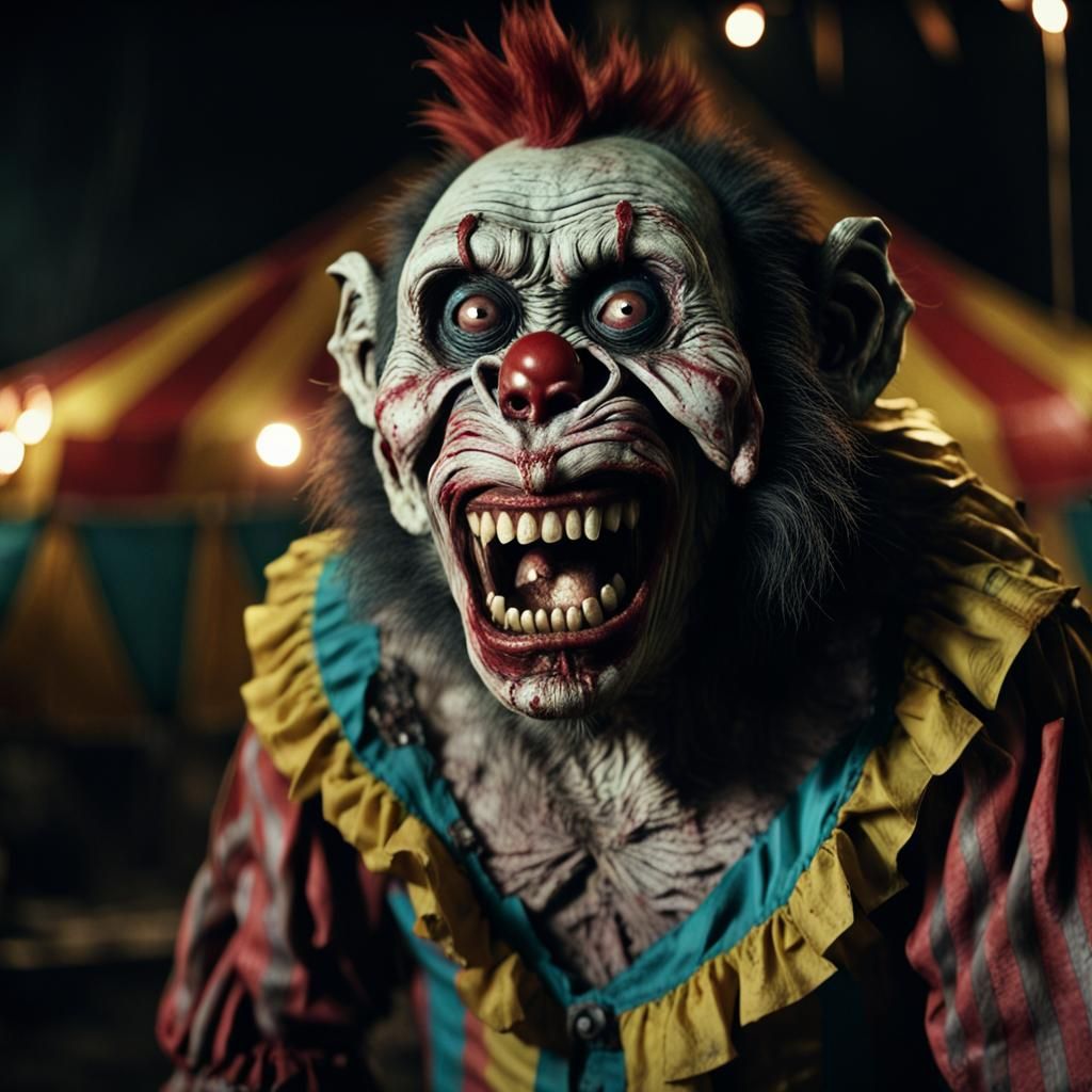 Hyperrealistic Zombie Monkey Clown in Abandoned Circus