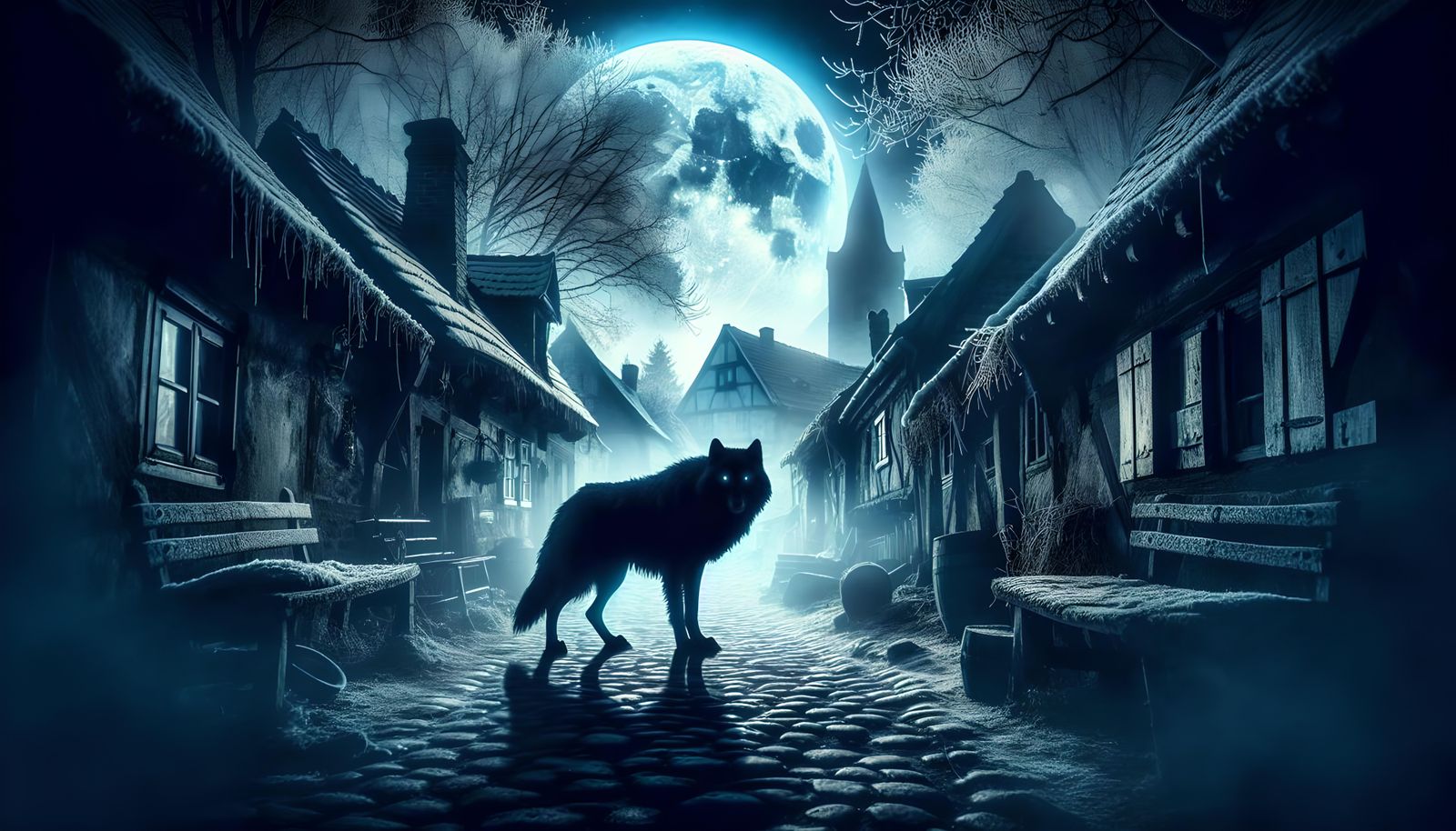 Eerie Wolf Silhouette in Fog-Shrouded Village