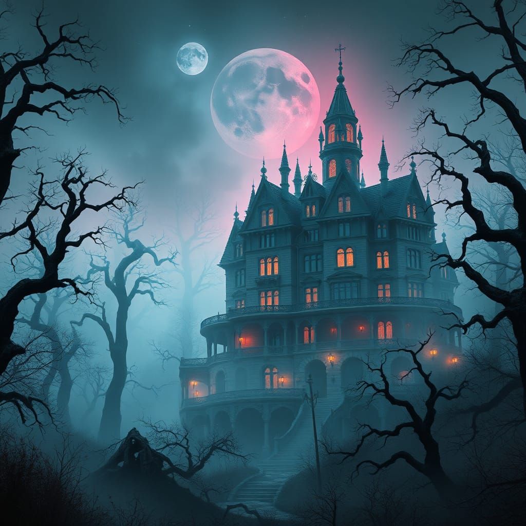 Ominous Mansion in Mystical Dystopian Forest