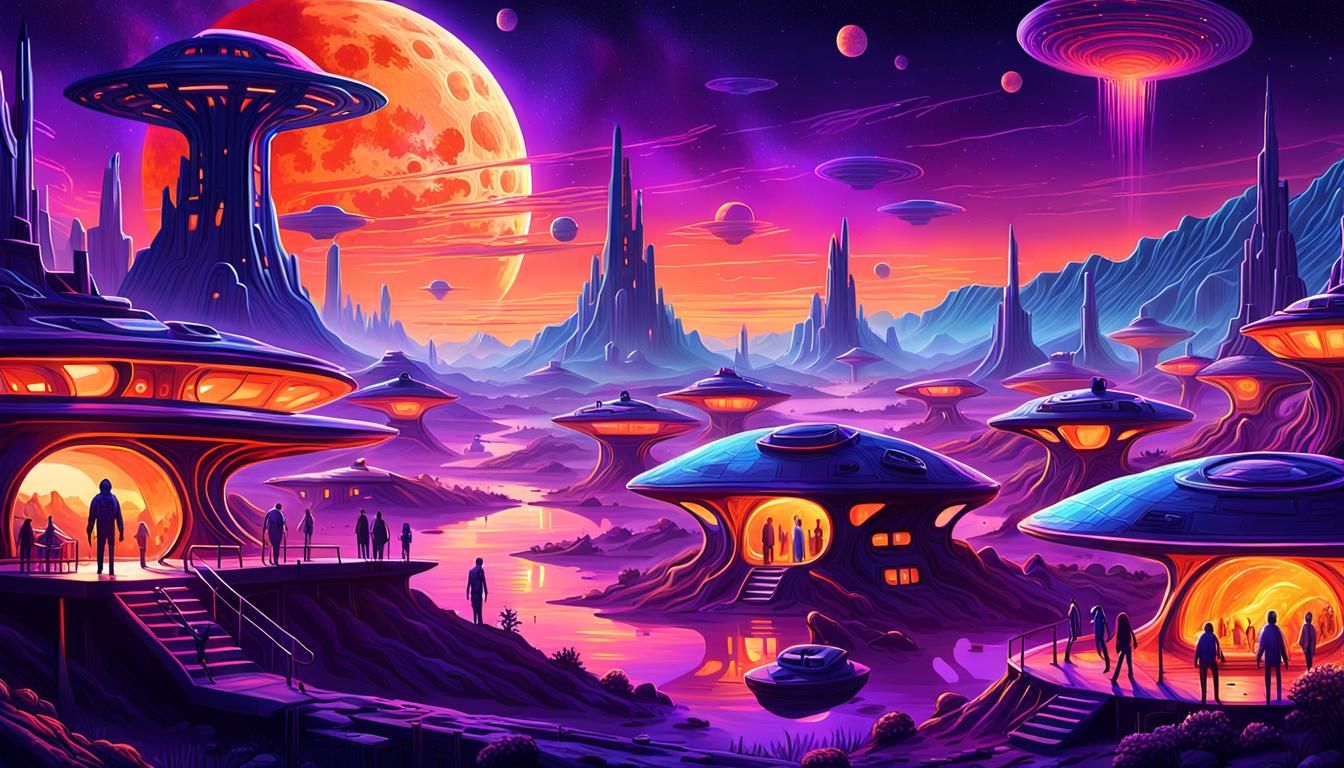 Cosmic Sci-Fi Village Sunset in Vibrant Astral Colors