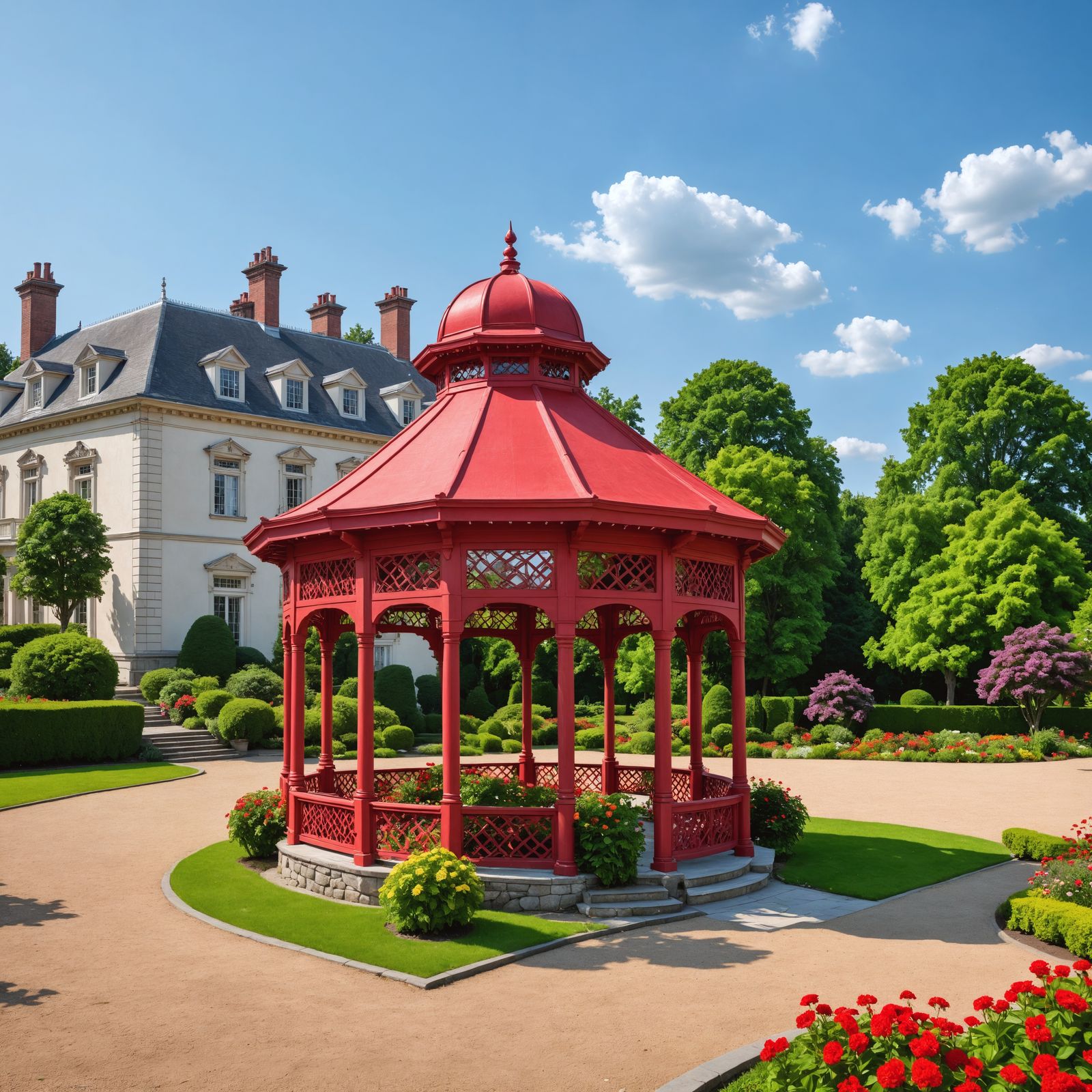 Majestic Red Gazebo in Stunning Garden Setting