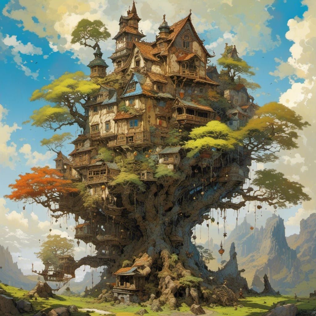 Treehouse on City Roof, Matte Painting