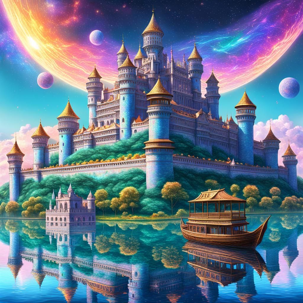 Floating Palace City: Holographic Cosmic Illustration