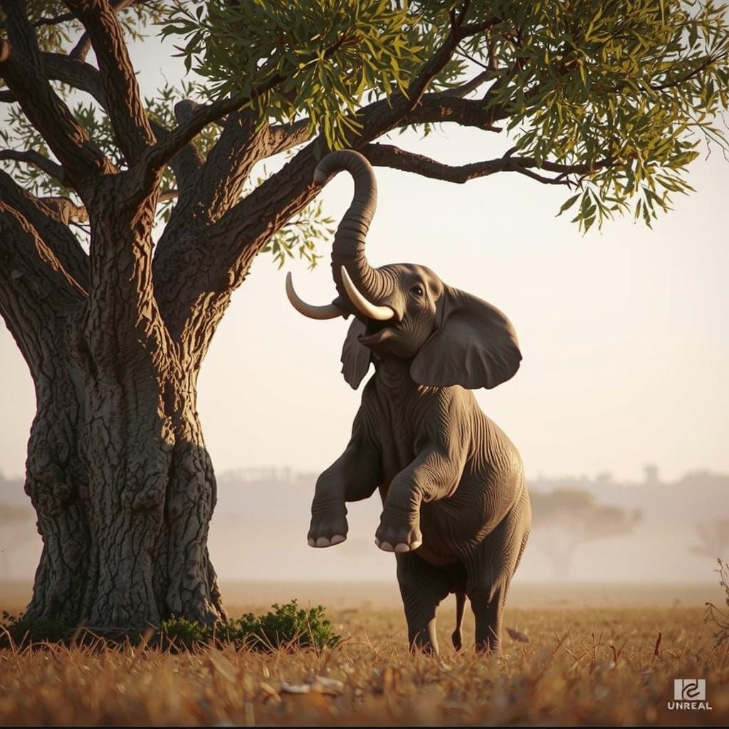 Elephant Reaching for Tree Branches in Golden Light