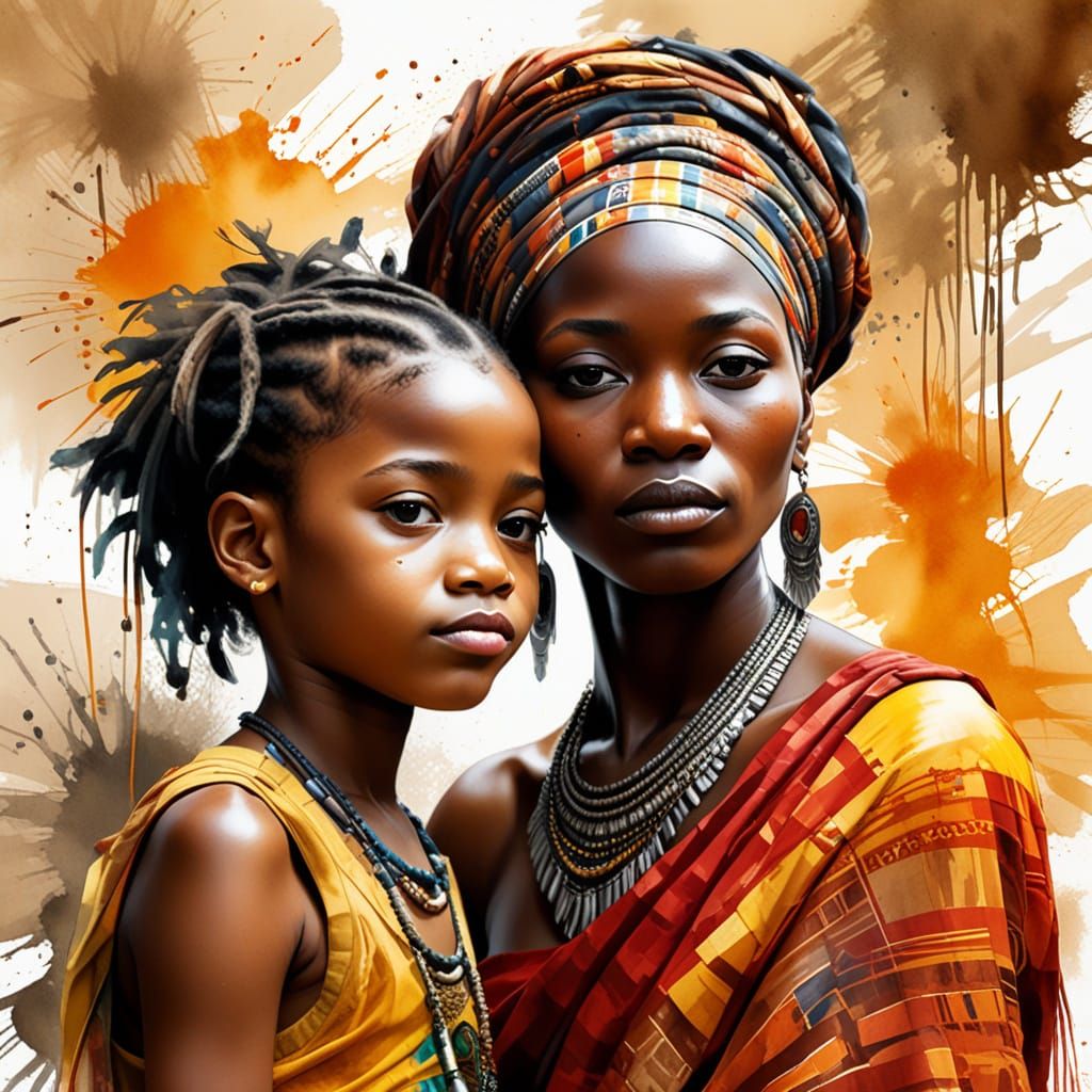 African Mother and Child Portrait in Watercolour