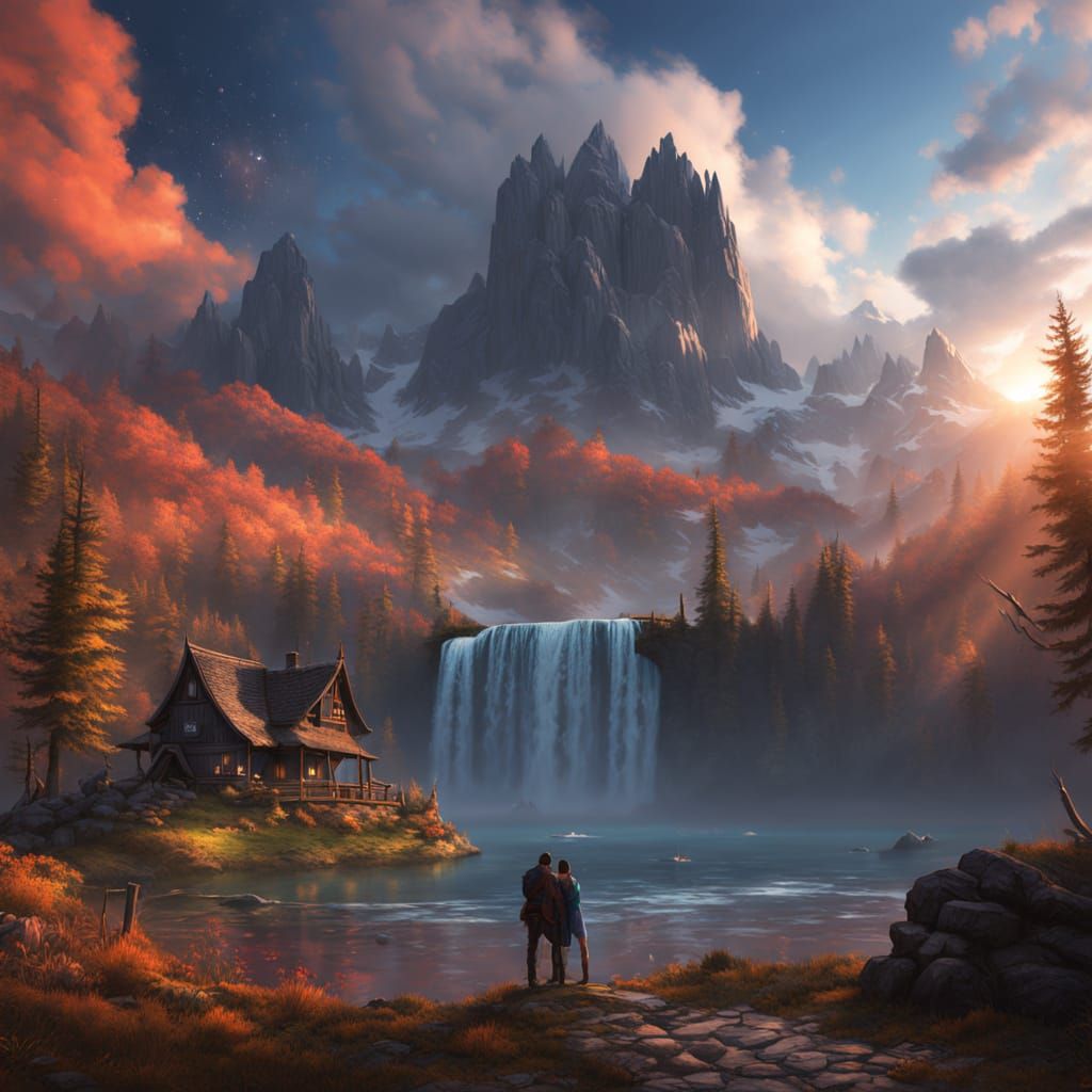 Epic Mountain Lake Sunset with Waterfall and Tourists