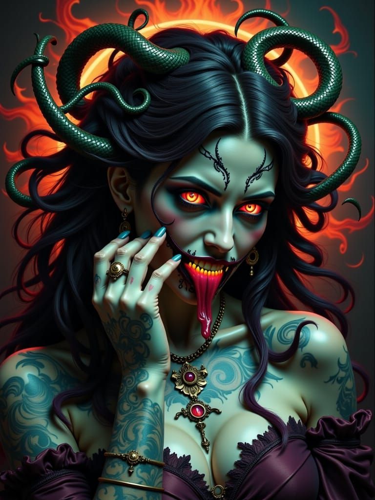 Crazed Medusa with Glowing Eyes in Dark Fantasy Style