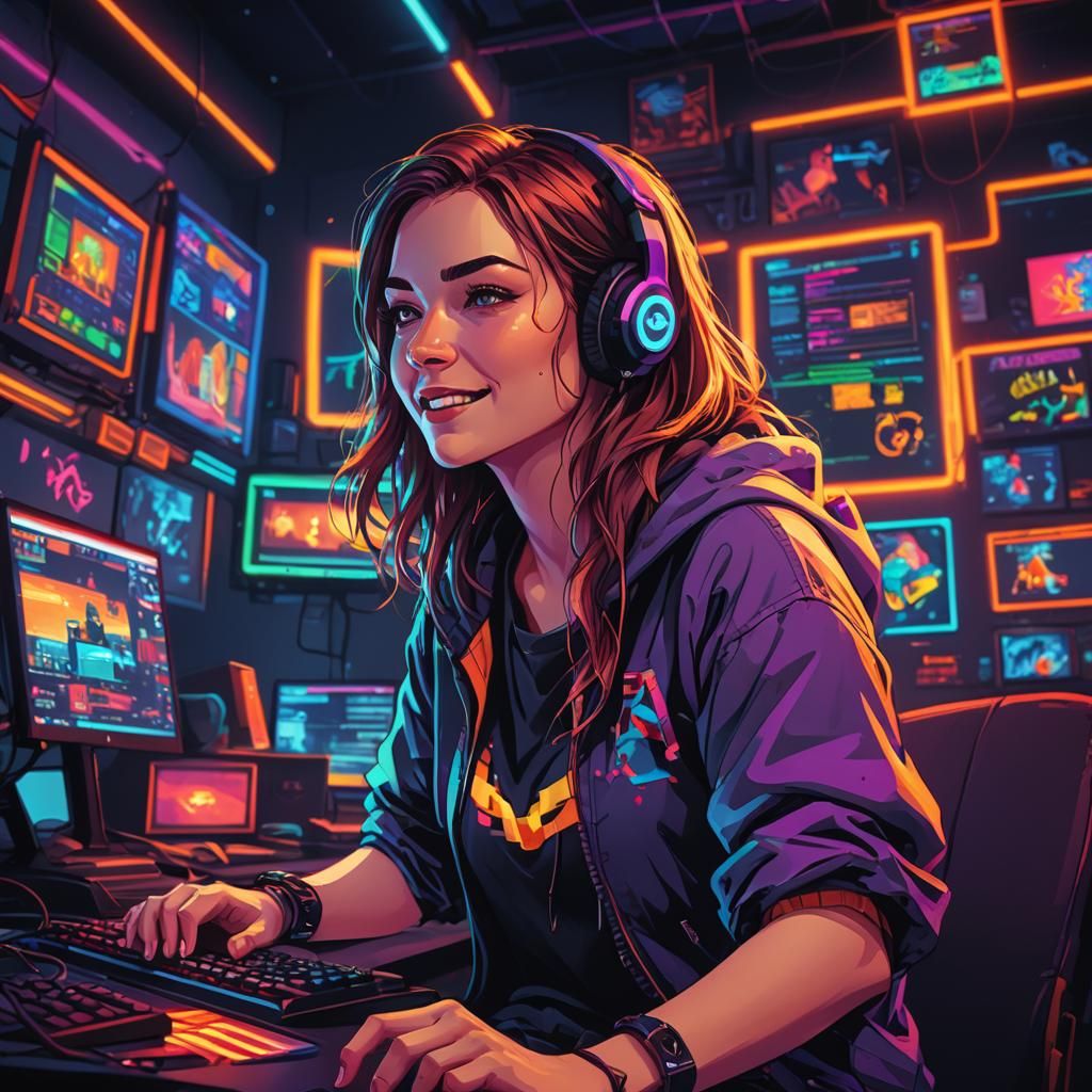 Excited Gamer Girl at Night: Pixel Pop Art