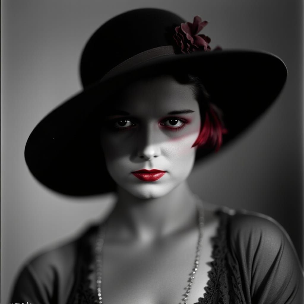Black and White Portrait of Woman in Artistic Hat with Crims...