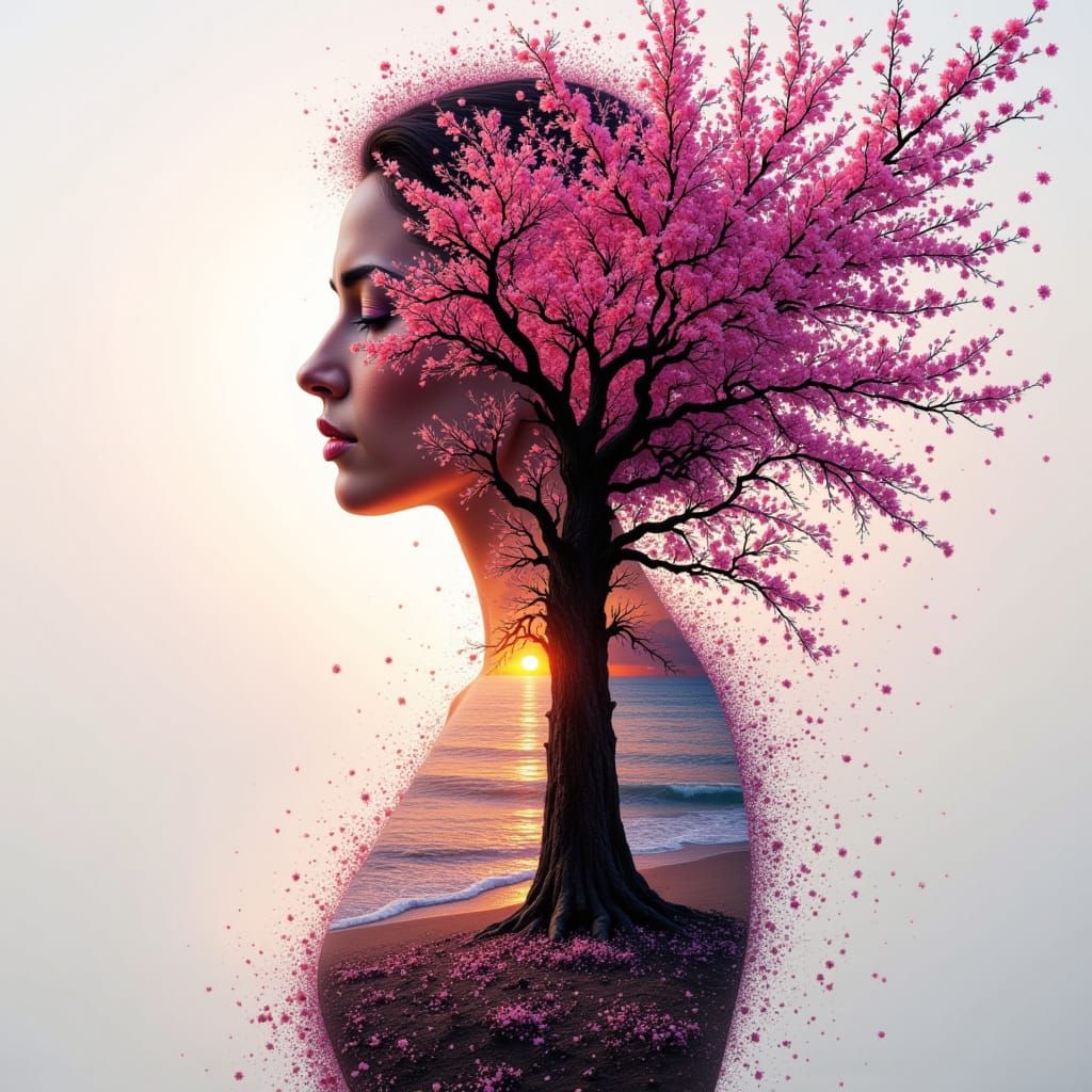 Goddess Silhouette Merged with Sunset Coastline