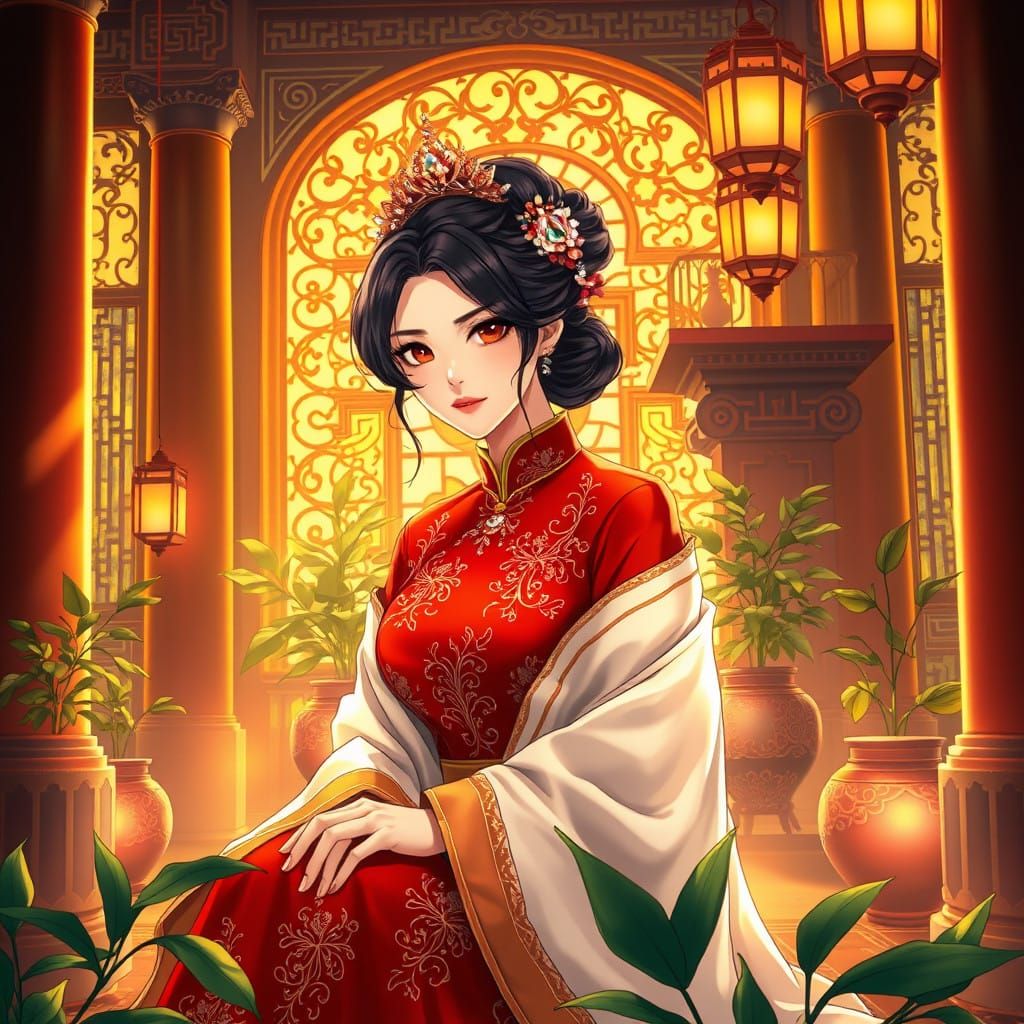 Elegant Anime Woman in Traditional Eastern-Style Room