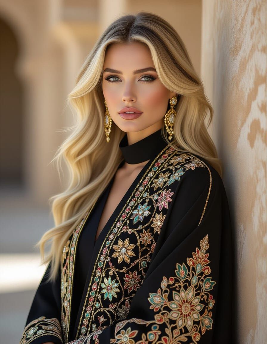 Regal Blonde in Luxurious Abaya, High-Fashion Photo