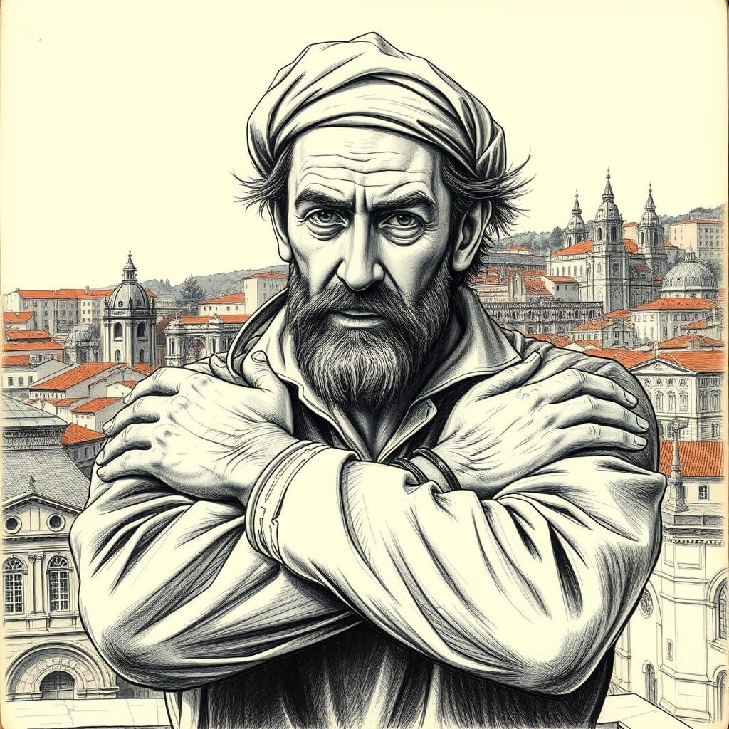 Sailor Embracing Porto Cityscape in Charcoal Style