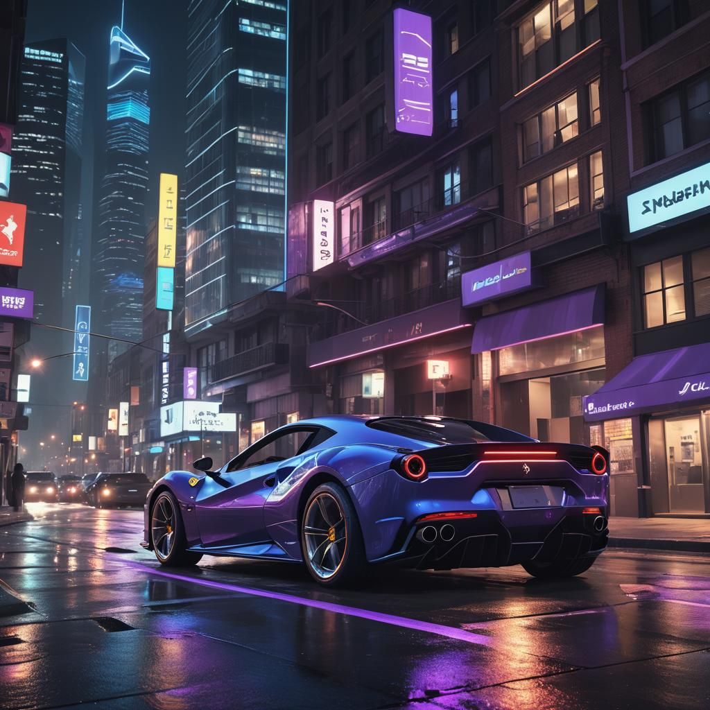 Futuristic Neon Ferrari in Cyberpunk Cityscape