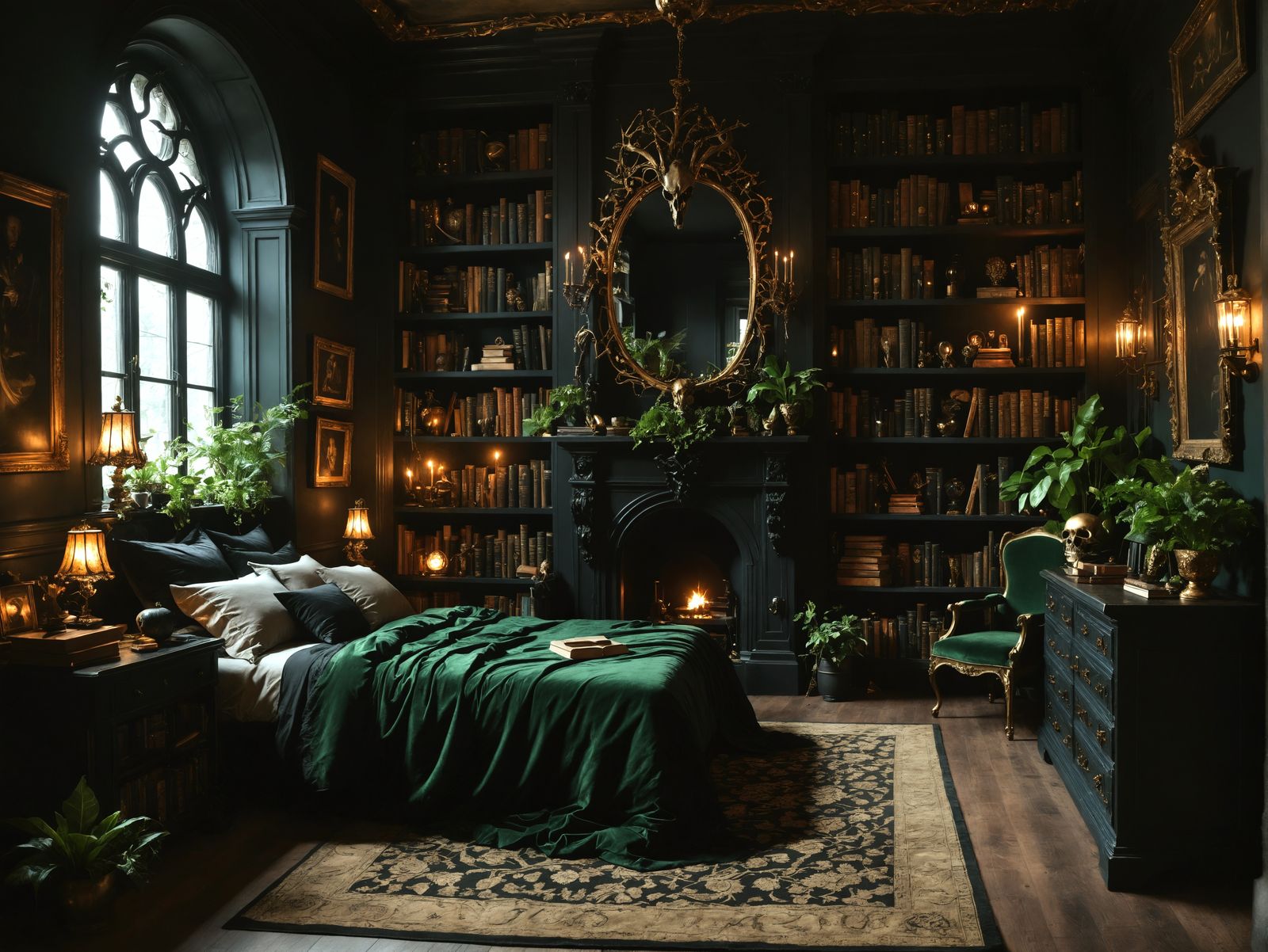 Surreal Dark Academia Study in Elegant, Macabre Opulence