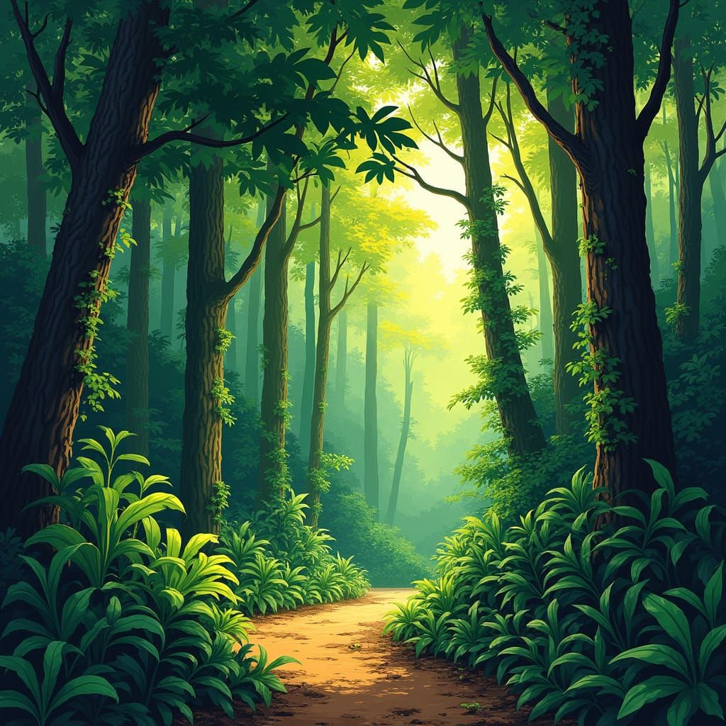 African Forest in Naive Style with Vibrant Greens and Earthy...