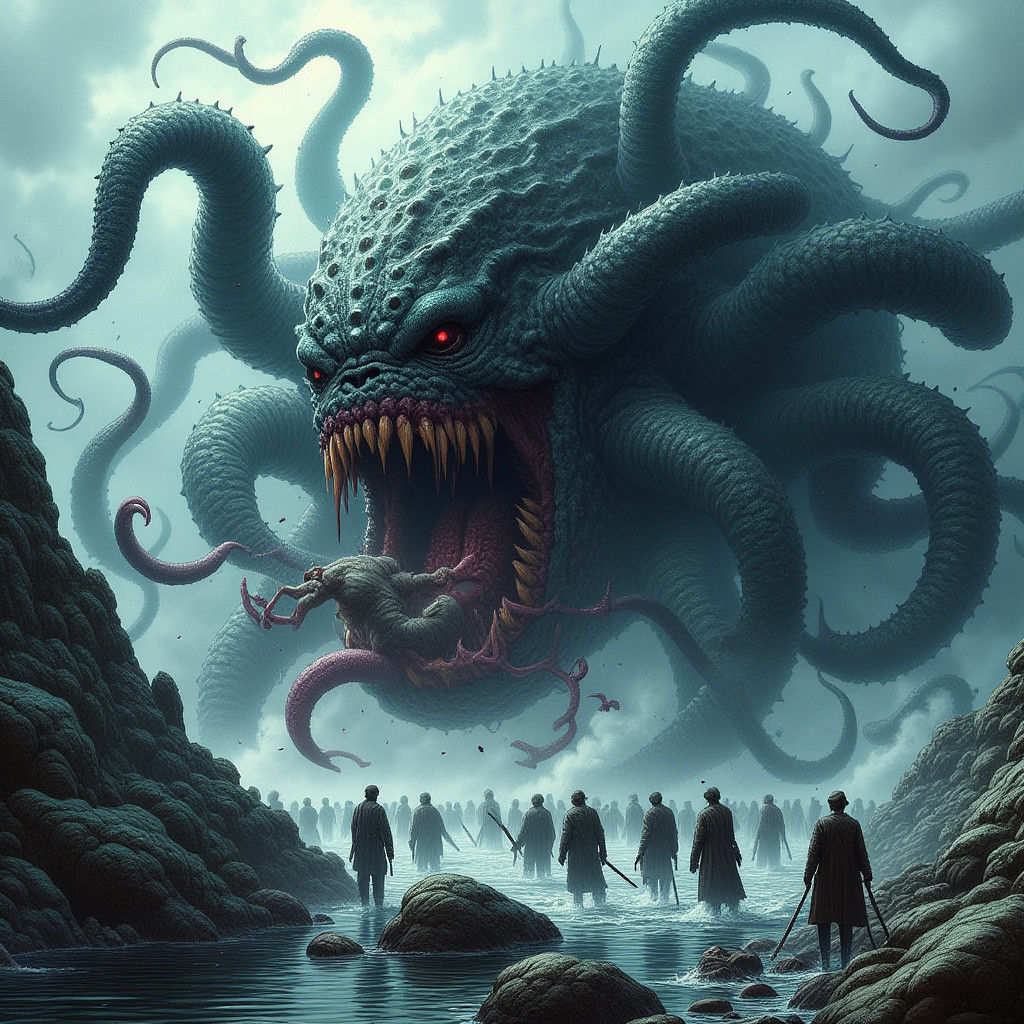 Grotesque Sea Creature Devouring Men: Dark Fantasy Art