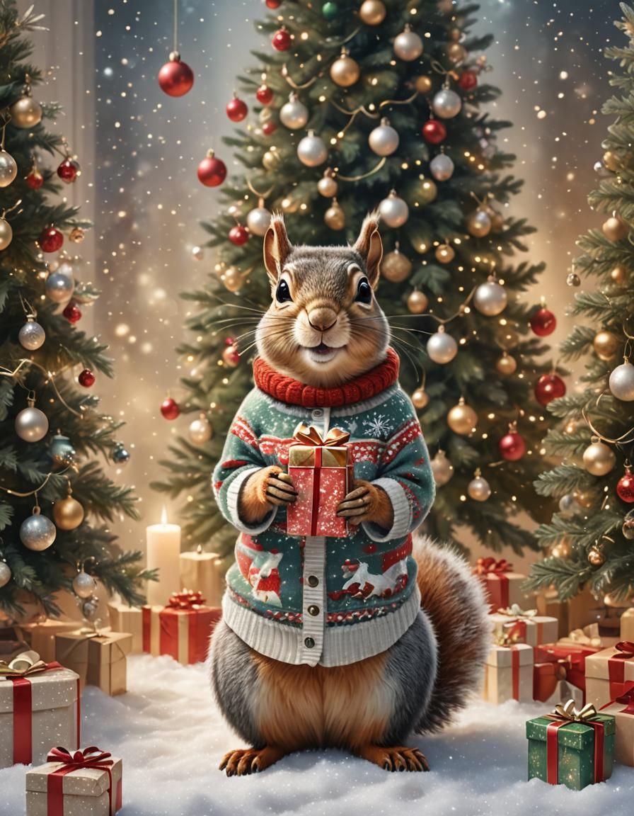 Smiling Squirrel with Gift Under Christmas Tree