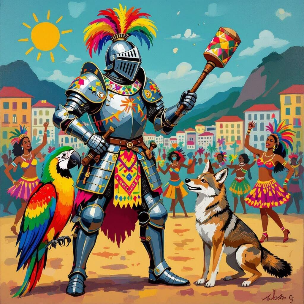 Knight and Parrot Attack Coyote in Rio, Pop Art