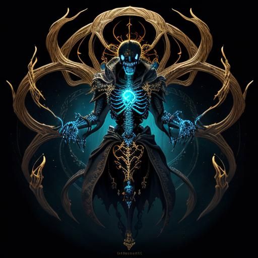 Demonic Skeleton with Gold Filigree and Holographic Runes