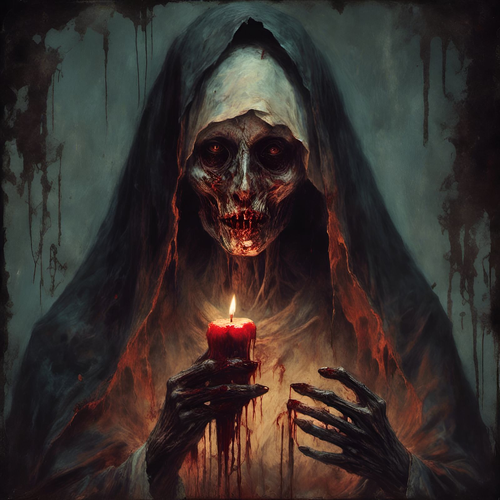 Zombie Nun with Crucifix in Hell: Creepy Illustration