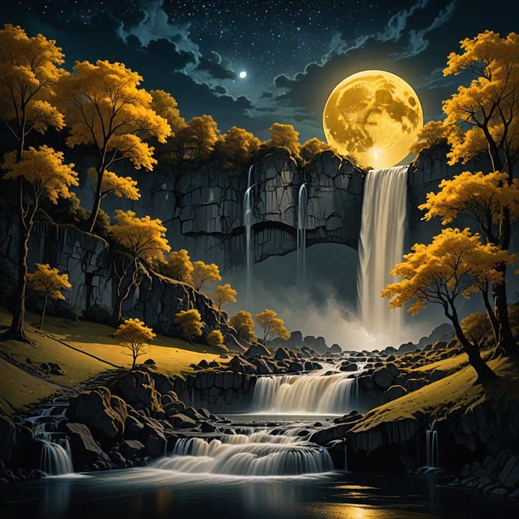Golden Moon Waterfall in Surreal Nightscape