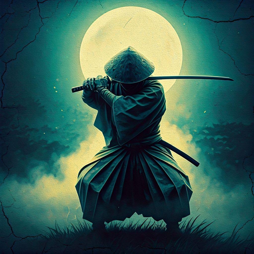 Samurai in Moonlit Fog: Hyperrealistic Double Exposure Art