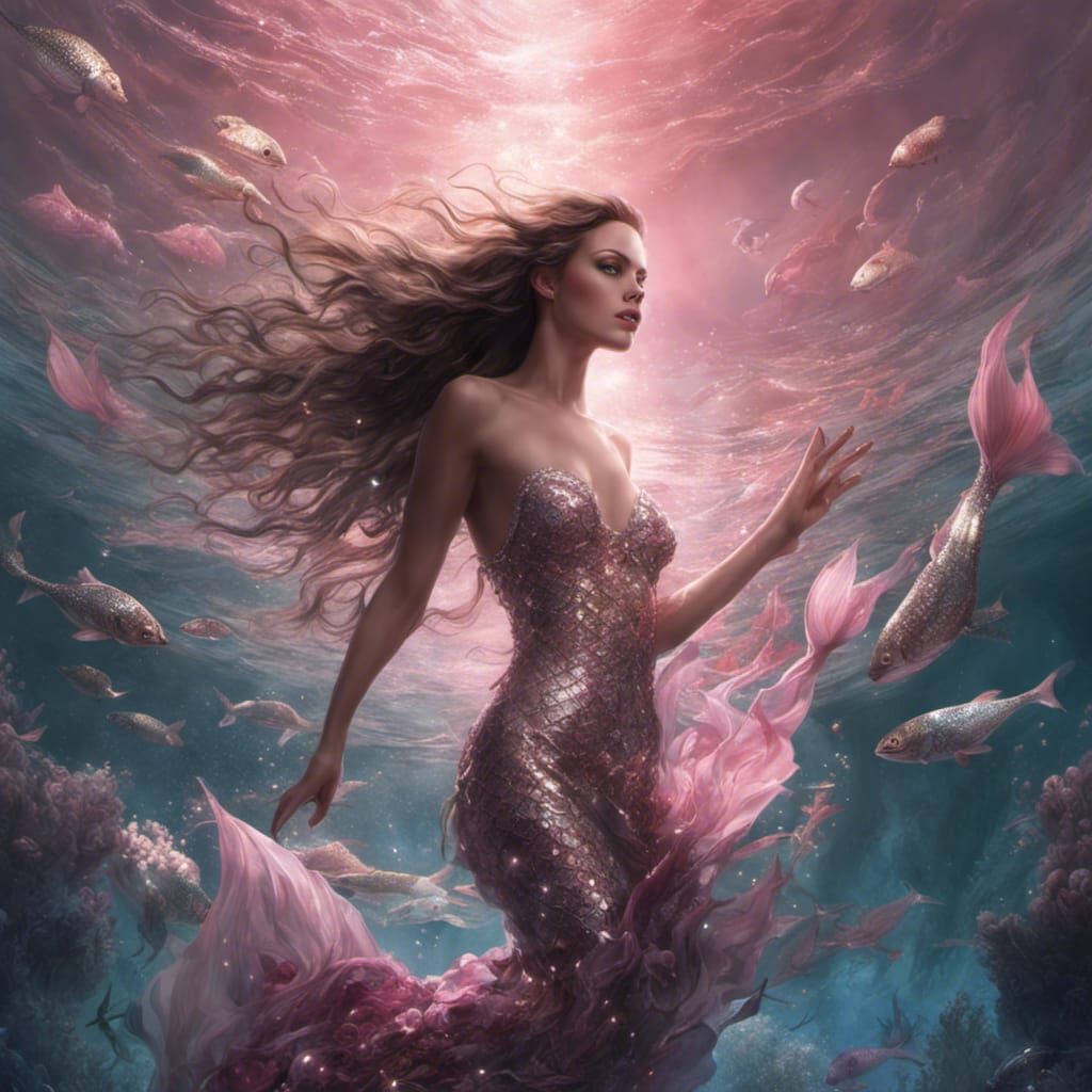 A beautiful mermaid swimming with her friends.