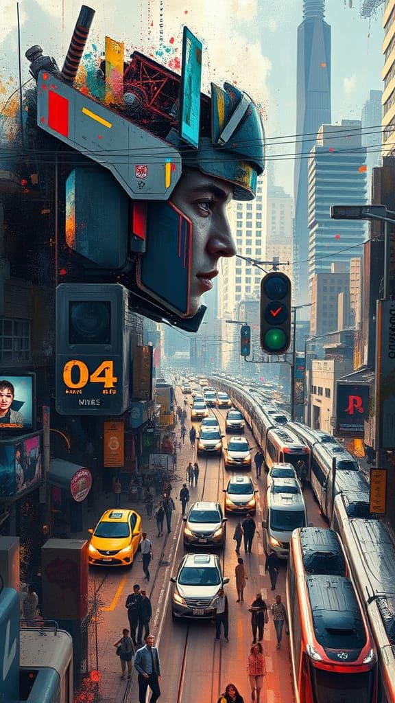 Futuristic Cityscape with Abstract Expressionist Art