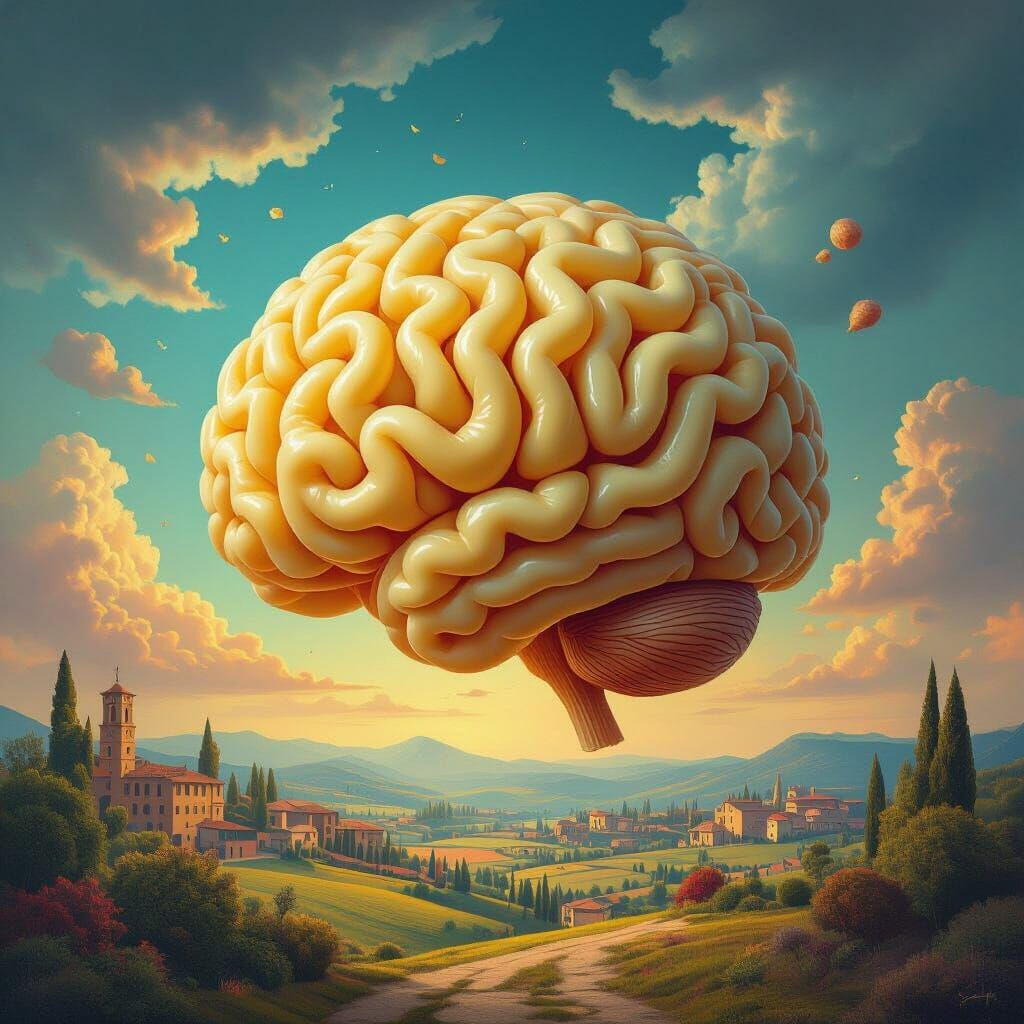 Surreal Brain Pasta in Chaotic Italian Landscape