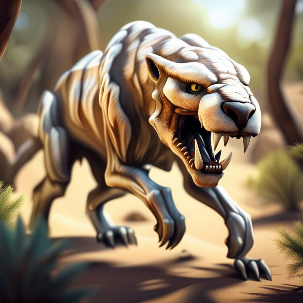 Saber-Toothed Cat in Desert Forest: Photorealistic Action Pa...