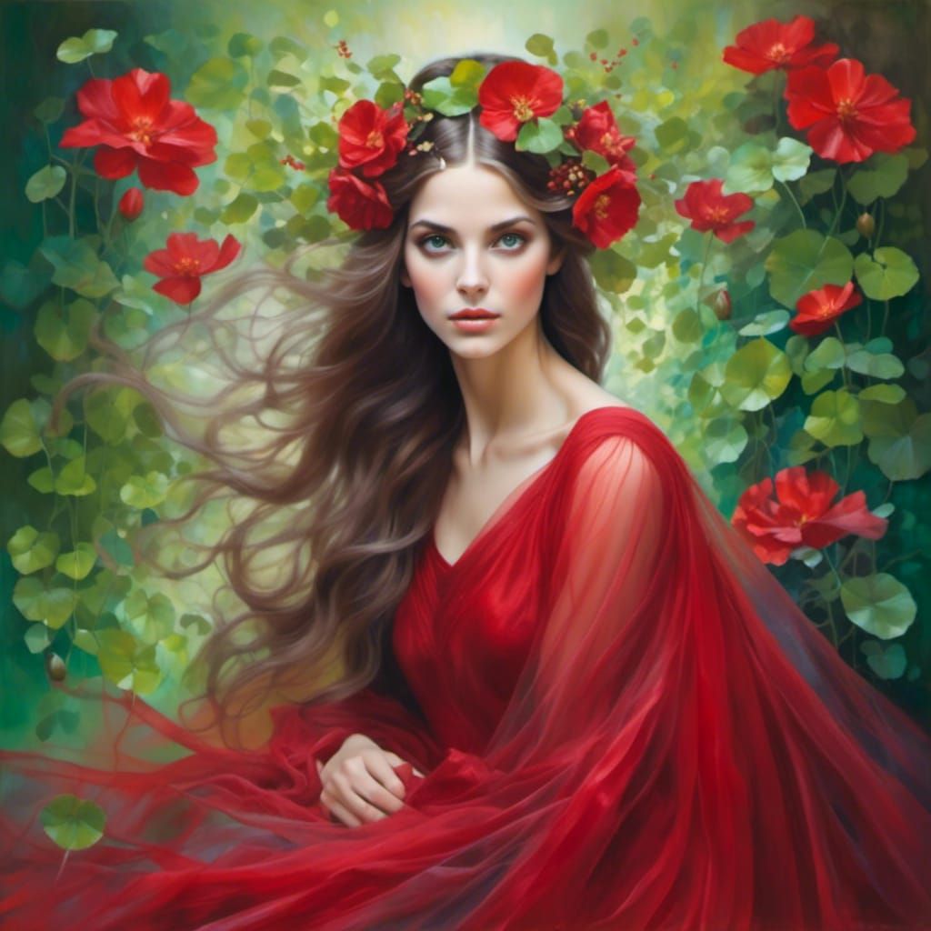 Beautiful Woman Surrounded by Tulle Veils: Oil Painting