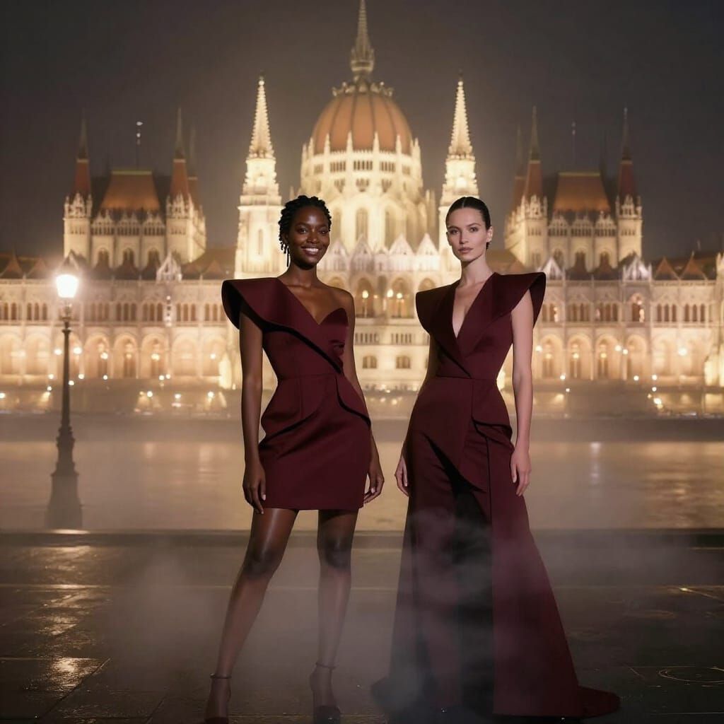 Avant-Garde Fashion Models in Foggy Budapest Night